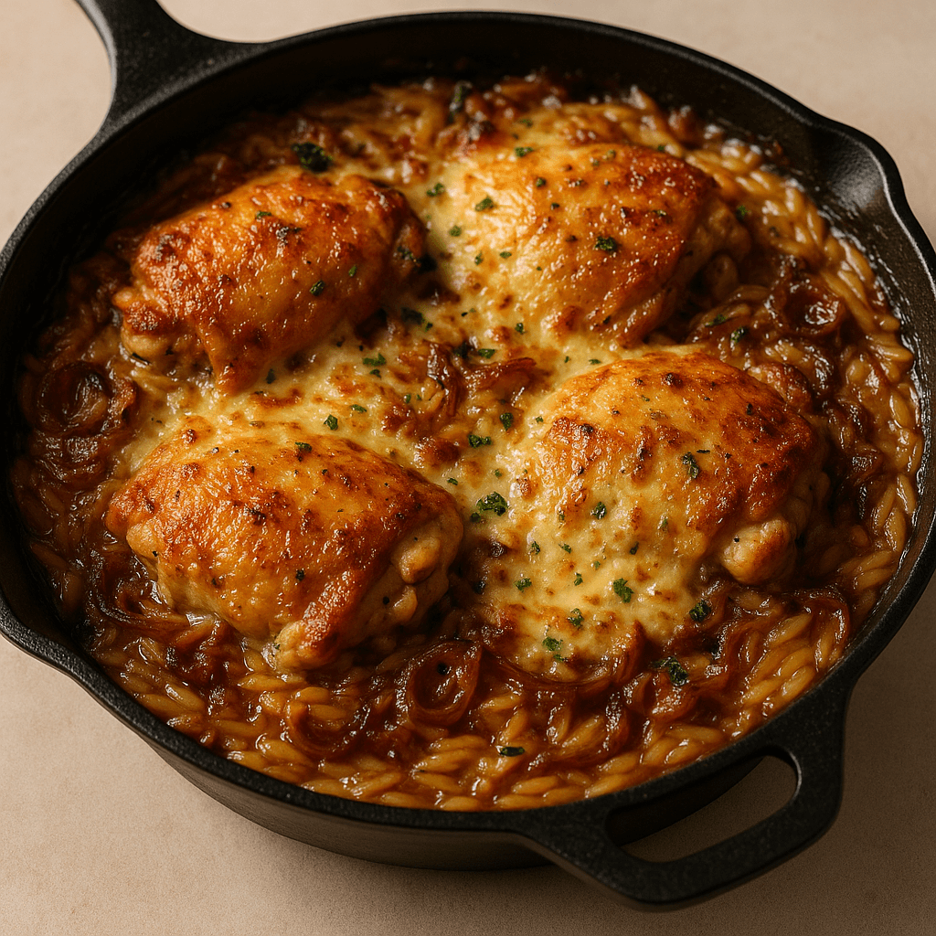 Französische Zwiebel-Hähnchen-Orzo-Auflauf