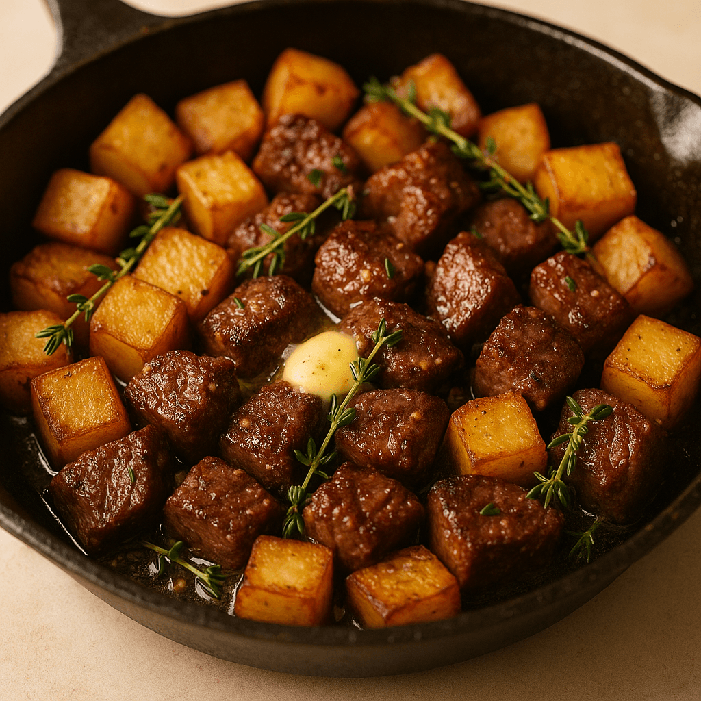 Knoblauch-Steak-Häppchen mit Kartoffeln