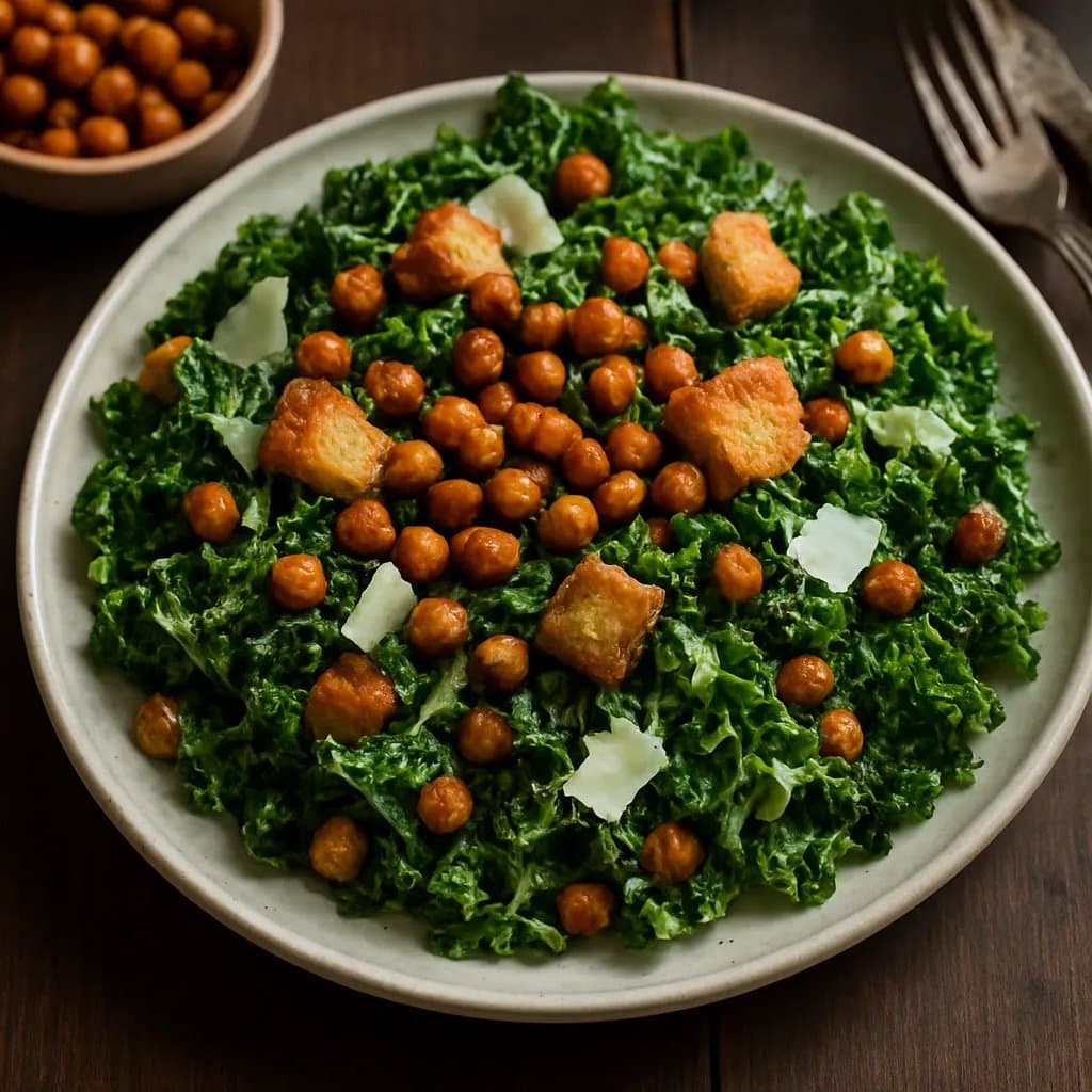 Warm Kale Caesar with Crispy Chickpeas